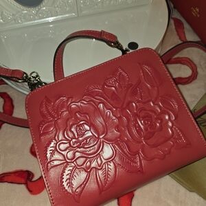 Patricia Nash Red Floral Embossed Crossbody Bag